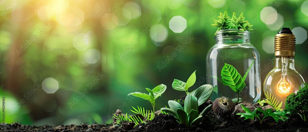 Green plants growing in soil next to a light bulb and a jar, symbolizing sustainability, growth, and innovation in a lush green environment. Green plants growing in soil next to a light bulb and a jar, symbolizing sustainability, growth, and innovation in a lush green environment.