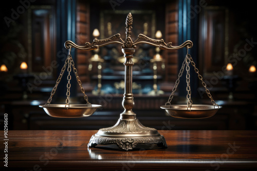 generated Illustration of scales of justice in the courtroom dark lighting