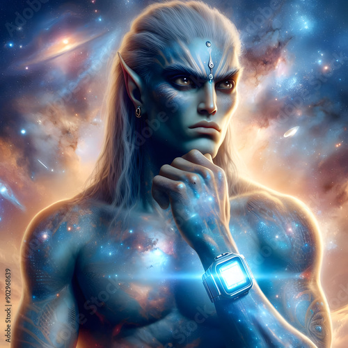Anunnaki Warrior of Technology | A strong and majestic Anunnaki warrior wearing a high-tech watch, symbolizing the fusion of ancient culture and technological advancement.