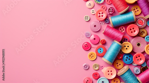 Colorful thread spools and buttons on pink background.