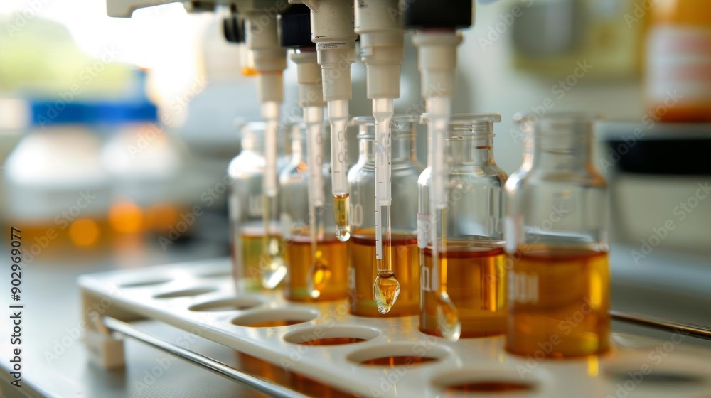 A close-up of a laboratory setup with multiple glass vials filled with a clear liquid, being dispensed by a machine. A close-up of a laboratory setup with multiple glass vials filled with a clear liquid, being dispensed by a machine.