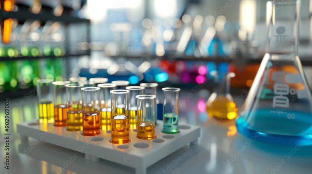 A close-up of a laboratory table with test tubes filled with colorful liquids. The image is focused on the test tubes, but the lab setting is visible in the background. A close-up of a laboratory table with test tubes filled with colorful liquids. The image is focused on the test tubes, but the lab setting is visible in the background.