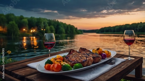 shows a romantic dinner by a river at sunset, with a steak