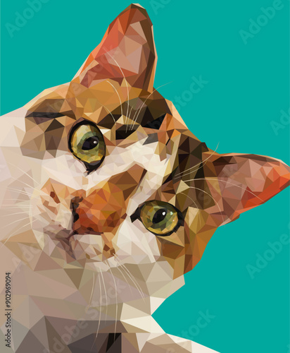orthogonal curly cute cat on turquoise background
