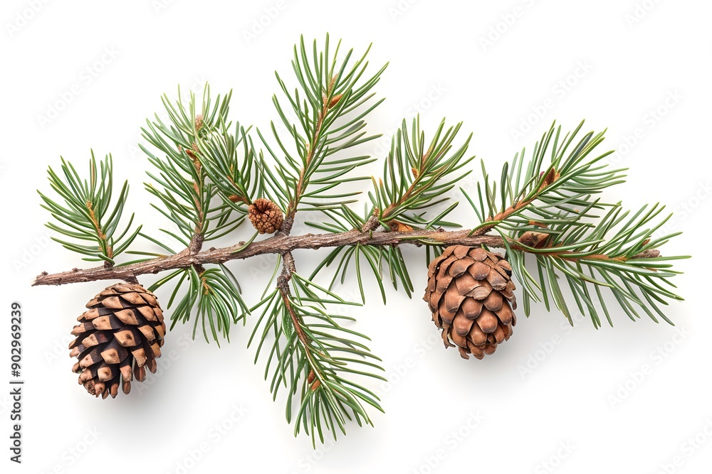 Beautiful Pine Branch with Cones on a White Background Beautiful Pine Branch with Cones on a White Background