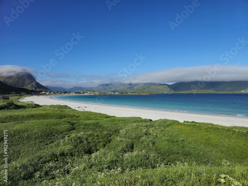 Tranquil Beach Day in Norway Surrounded by Lush Greenery and Majestic Mountains