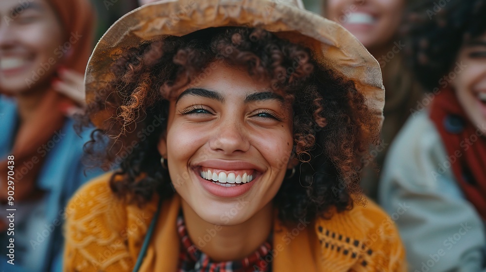 Festival Fun with Friends: A young woman beams with joy, her infectious laughter echoing the spirit of camaraderie and celebration at an outdoor music festival. Festival Fun with Friends: A young woman beams with joy, her infectious laughter echoing the spirit of camaraderie and celebration at an outdoor music festival.
