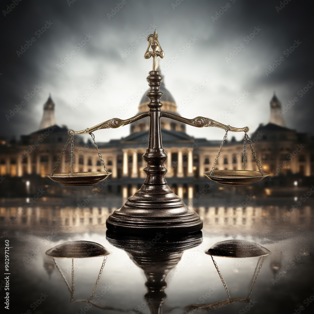 Fototapeta premium generated Illustration of law scales sculpture in front of courthouse.