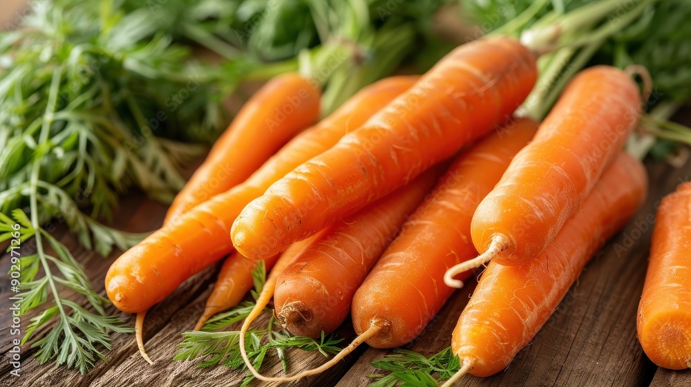 A bunch of carrots are displayed on a table with green leaves. The carrots are all different sizes and are arranged in a way that makes them look fresh and appetizing A bunch of carrots are displayed on a table with green leaves. The carrots are all different sizes and are arranged in a way that makes them look fresh and appetizing