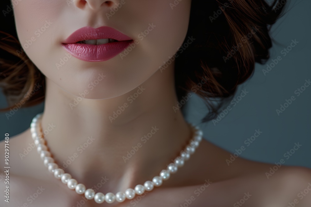 A woman with a pearl necklace and a pink lip color A woman with a pearl necklace and a pink lip color