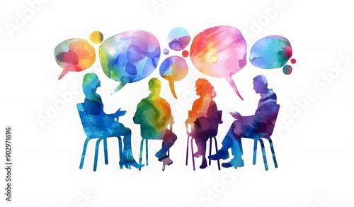 vector watercolor group therapy meeting with colorful speech bubbles on a white background, silhouette of people sitting in chairs talking to each others.