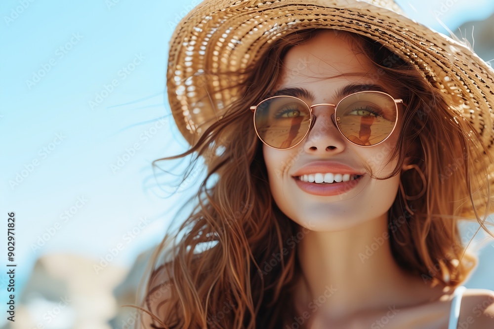 A woman with long brown hair and sunglasses on a sunny day. She is smiling and wearing a straw hat A woman with long brown hair and sunglasses on a sunny day. She is smiling and wearing a straw hat