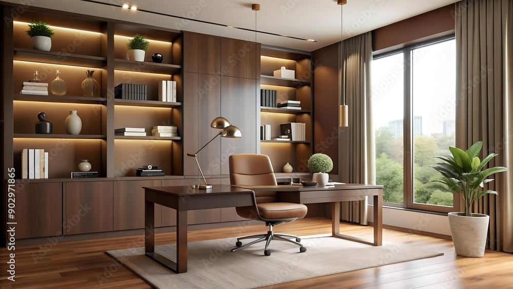 A Study in Warmth: A Modern Brown Study Room with Minimalist Accents Generative AI A Study in Warmth: A Modern Brown Study Room with Minimalist Accents Generative AI