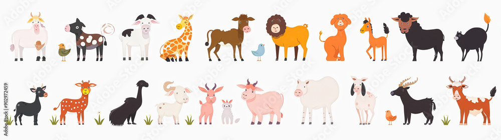 A row of cartoon animals, including cows, sheep, and goats A row of cartoon animals, including cows, sheep, and goats