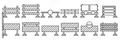Road closure signs, road dividers and road repair safety signs. Road blocks and pedestrian barriers editable thin linear outline icons set isolated on transparent background flat vector illustration.