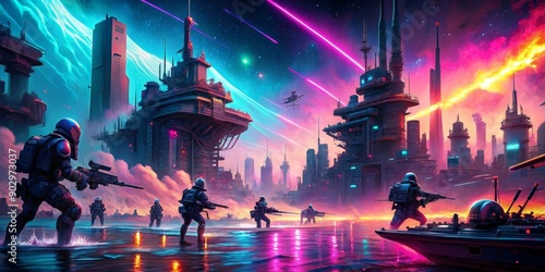 Fototapeta Naklejka Na Ścianę i Meble -  Sci-Fi Cityscape with Soldiers