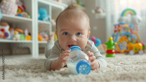 The baby with milk bottle