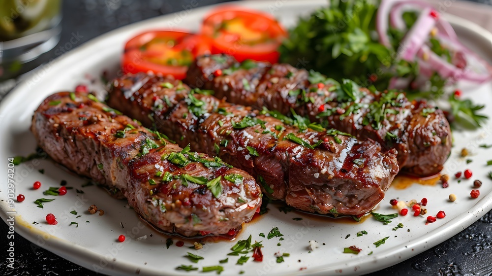 Delicious Grilled Kebabs Served with Fresh Vegetables and Herbs Delicious Grilled Kebabs Served with Fresh Vegetables and Herbs