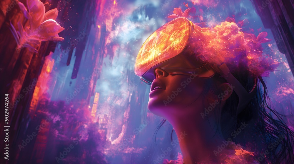 Into the Digital Garden: A woman is immersed in a vibrant, otherworldly VR experience. Surreal and futuristic, the image evokes a sense of wonder and exploration. Into the Digital Garden: A woman is immersed in a vibrant, otherworldly VR experience. Surreal and futuristic, the image evokes a sense of wonder and exploration.
