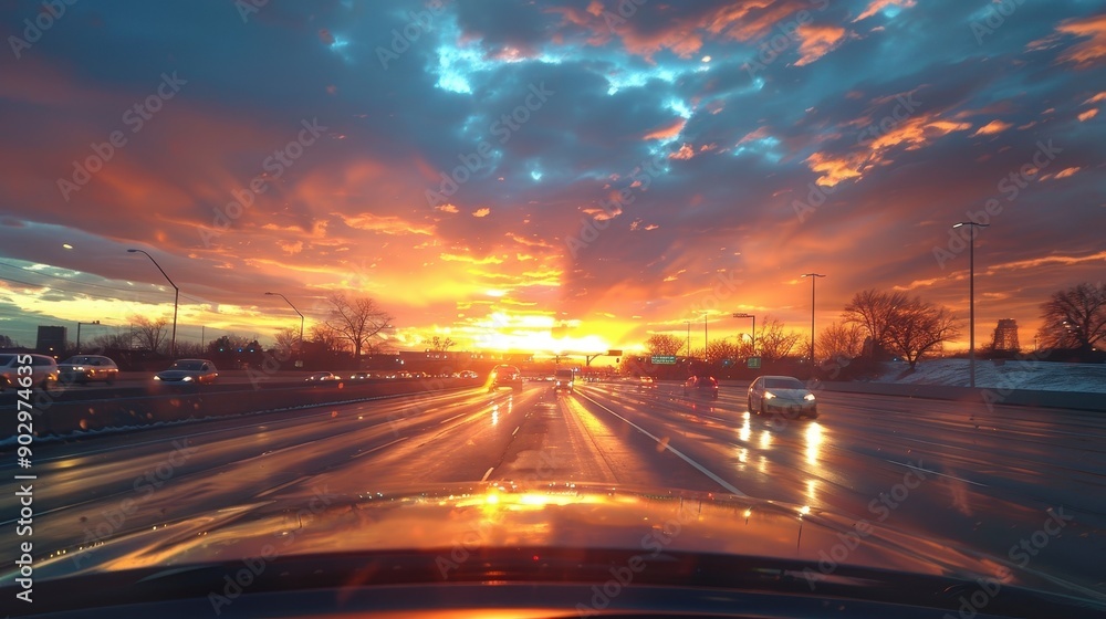 Obraz premium A car is driving down a road with trees in the background. The sky is cloudy and the sun is setting