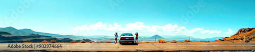A car parked at a highway overlook, with people taking photos and enjoying the view