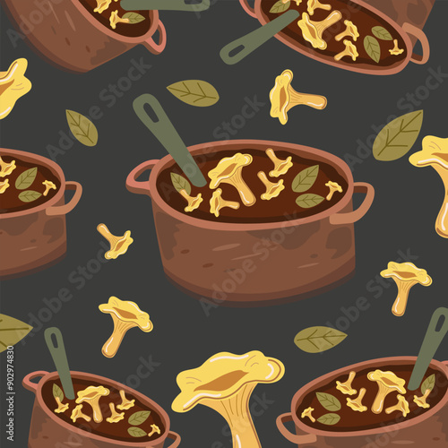 Mushroom season. Delicious chanterelle mushrooms. Autumn cozy pattern with mushroom soup in a pot. Cozy seasonal background