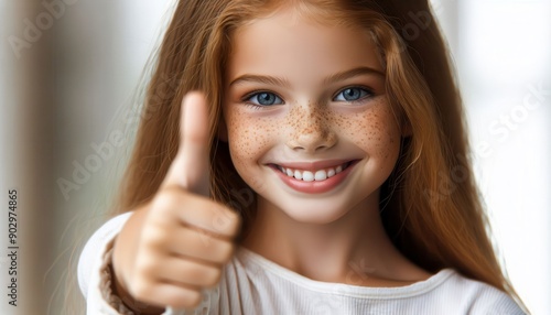 Wallpaper Mural A cheerful young girl with freckles and bright blue eyes gives a thumbs up, expressing positivity, happiness, and approval..Concept: Joy and Approval Torontodigital.ca