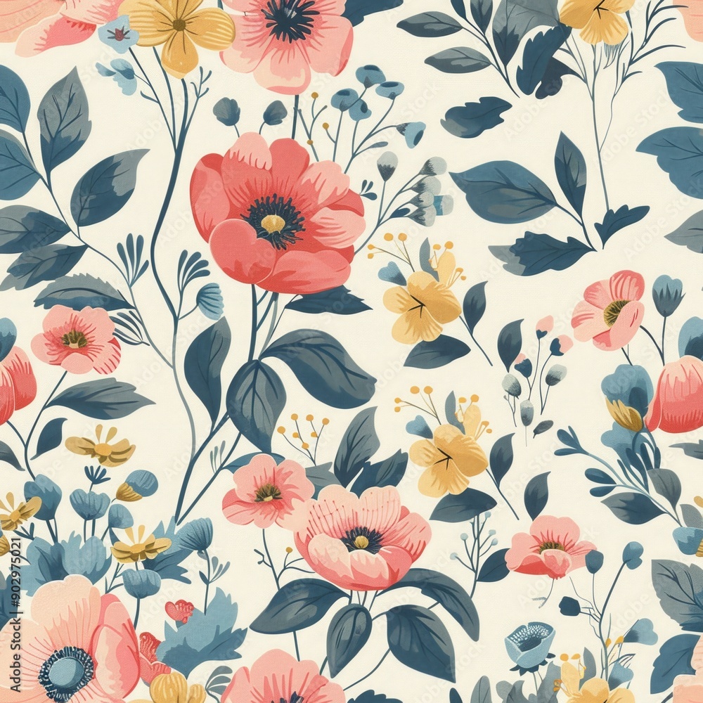 Fototapeta Romantic pastel florals and botanical elements in a seamless pattern