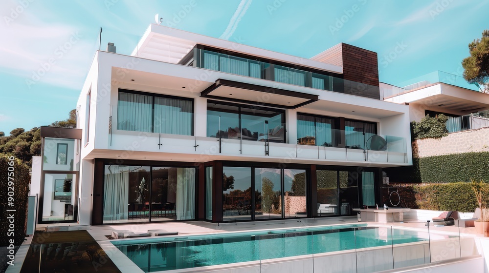 Contemporary Villa With Modern Architecture Adjacent to a Swimming Pool Surrounded by Lush Greenery in Bright Daylight Contemporary Villa With Modern Architecture Adjacent to a Swimming Pool Surrounded by Lush Greenery in Bright Daylight