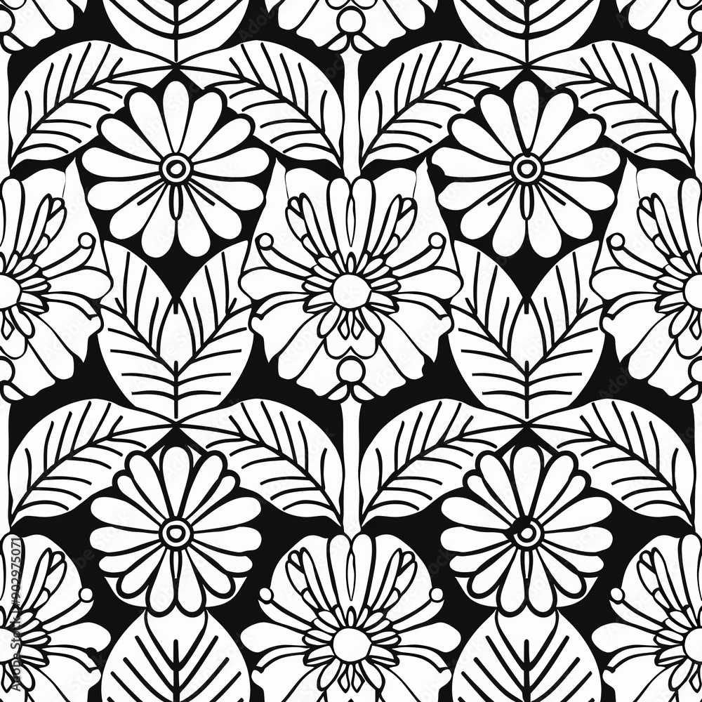 Modern line art of flowers and leaves in a repeating tile design Modern line art of flowers and leaves in a repeating tile design