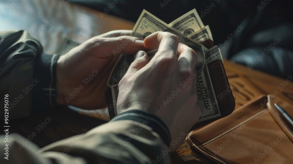 Man counting stack of US dollar bills. Man counting stack of US dollar bills.
