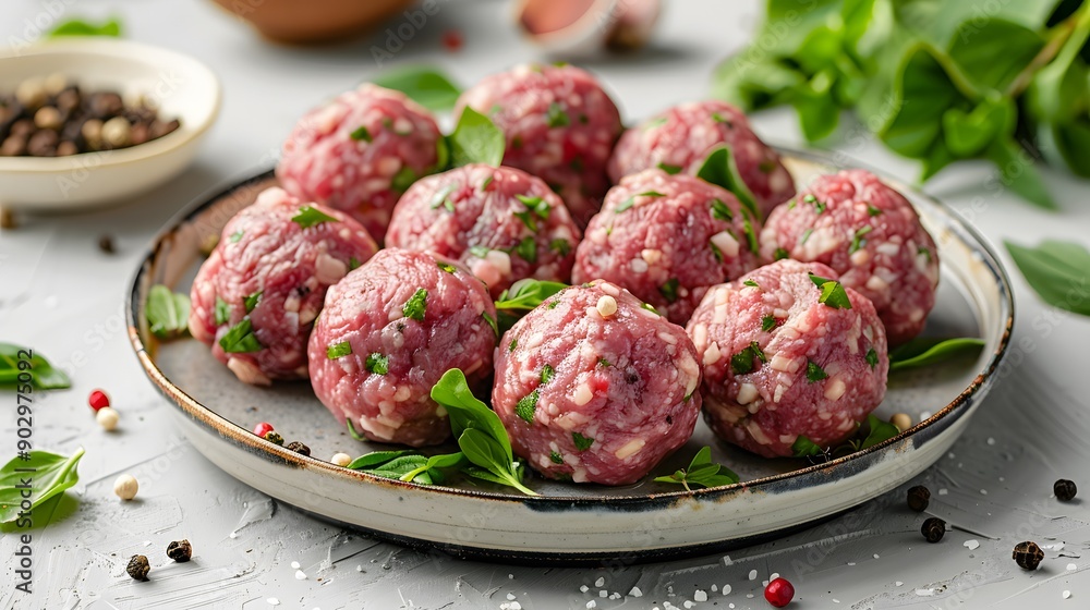 Freshly Made Meatballs Garnished with Herbs on a Rustic Plate Freshly Made Meatballs Garnished with Herbs on a Rustic Plate