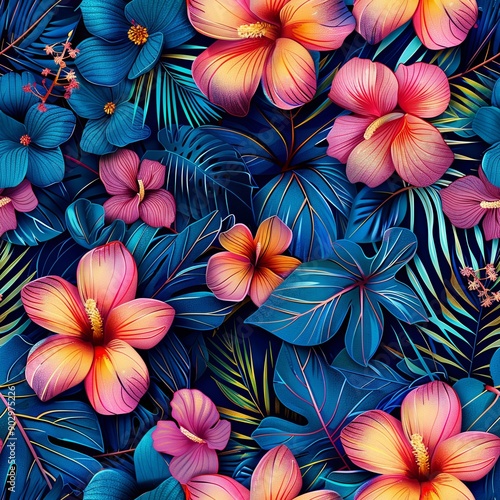 Wallpaper Mural Exotic flower patterns with vibrant leaves in a seamless design Torontodigital.ca