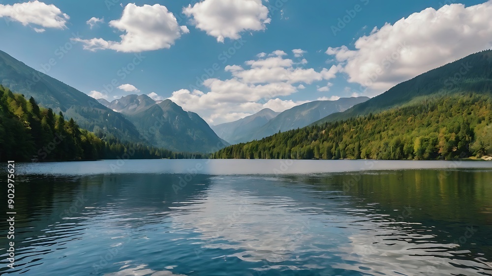 clear blue lake surrounded by tall mountains and a forest,