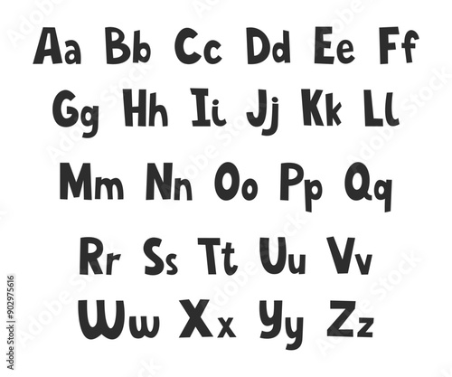 Cute hand drawn font. Vector English alphabet with small and capital letters in children's style. 