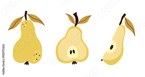 Autumn pears set. Sliced yellow pear fruits.