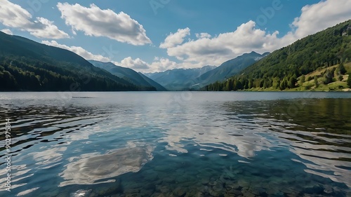 clear blue lake surrounded by tall mountains and a forest, photo