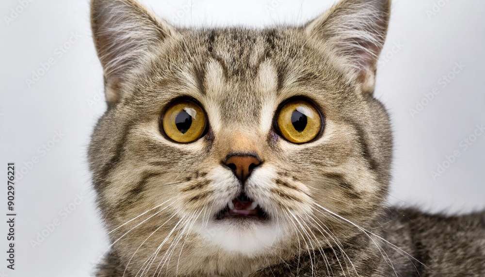 Portrait of a surprised cat Scottish Straight, closeup, isolated on white background Portrait of a surprised cat Scottish Straight, closeup, isolated on white background