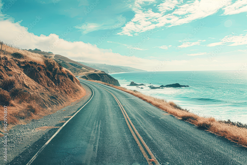 A road with a beautiful ocean view in the background A road with a beautiful ocean view in the background