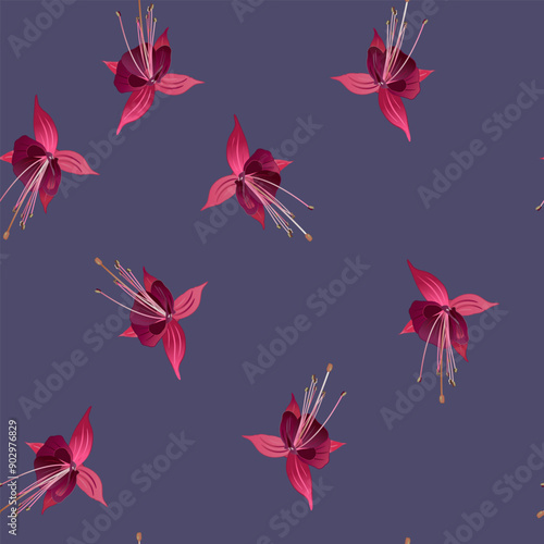 Seamless floral pattern with blooming flowers of purple fuchsia plant. On dull blue background. 