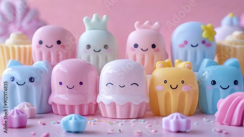 cute candy characters in pastel colors on soft colors background