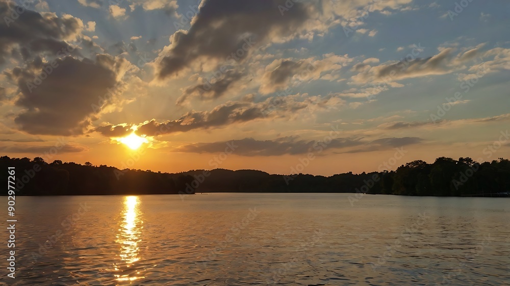 Naklejka premium sun is setting in the distance, casting a golden glow on the water.