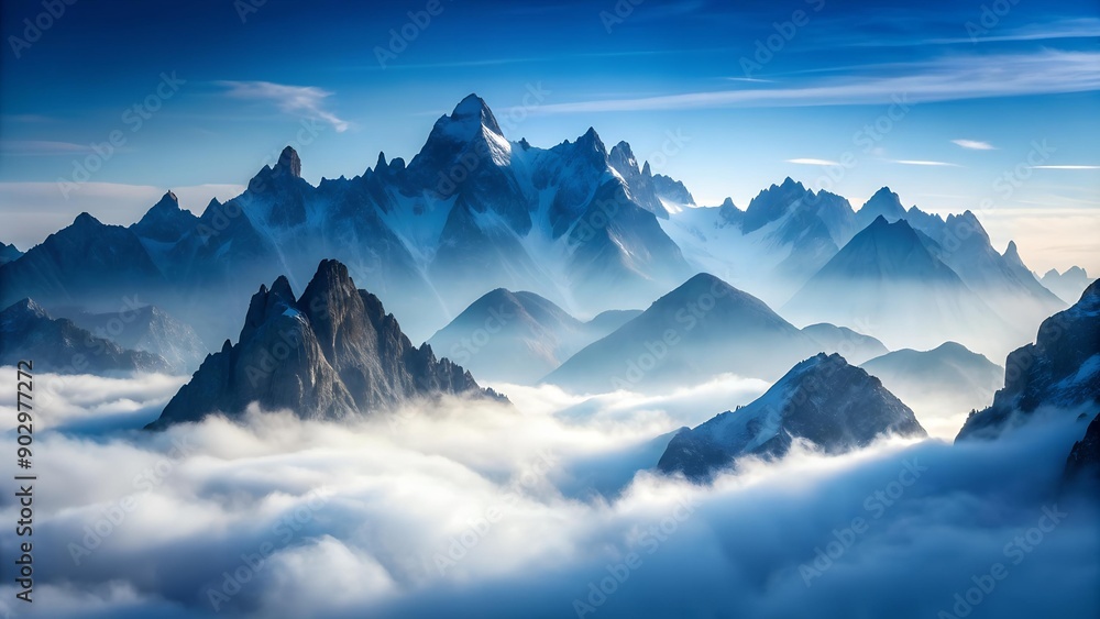 Misty Mountain Majesty: A Serene Canvas of Blue and Grey generative AI Misty Mountain Majesty: A Serene Canvas of Blue and Grey generative AI