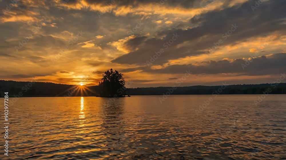 sun is setting in the distance, casting a golden glow on the water. sun is setting in the distance, casting a golden glow on the water.