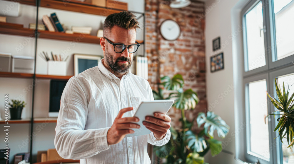 A man wearing glasses is looking at a tablet A man wearing glasses is looking at a tablet