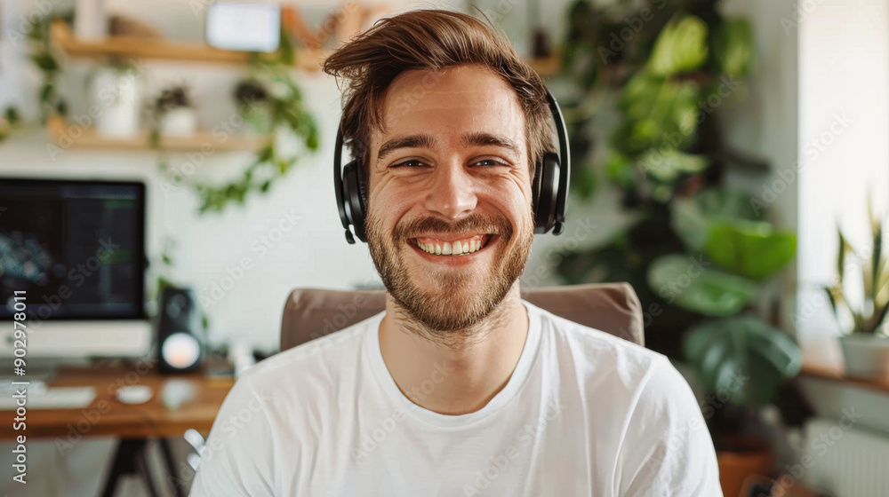 Fototapeta premium A man wearing headphones and smiling