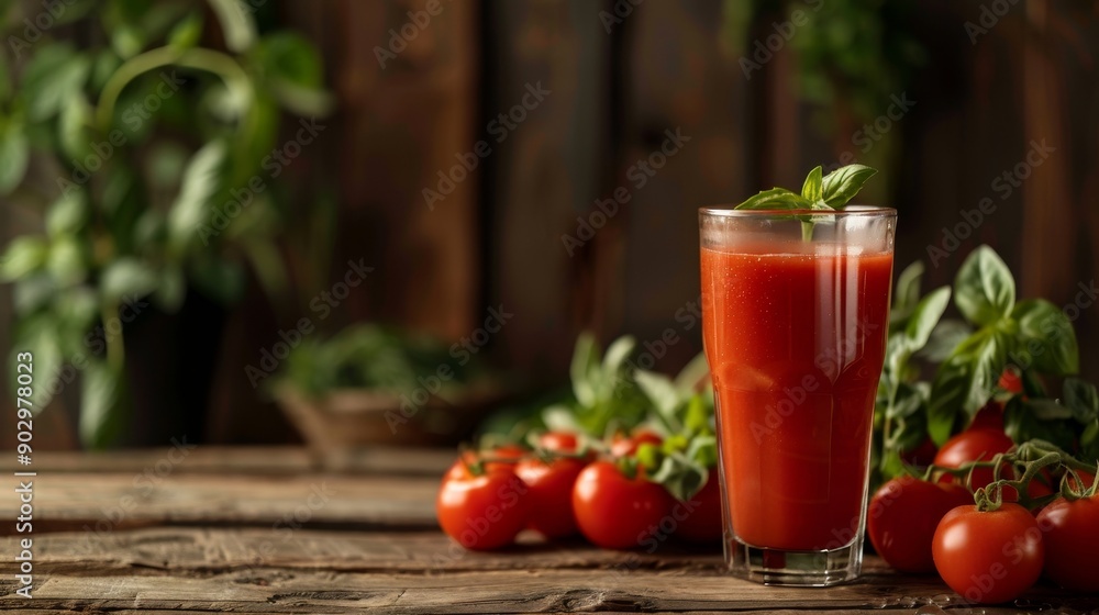 Toasted tomatoes surround a glass of freshly squeezed tomato juice. For nutrition, food blogs, and lifestyle content. Toasted tomatoes surround a glass of freshly squeezed tomato juice. For nutrition, food blogs, and lifestyle content.