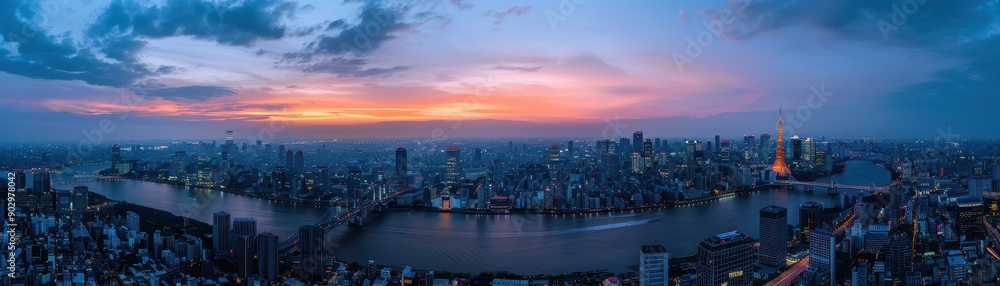 A city skyline with a river running through it. The sky is a beautiful orange and pink color A city skyline with a river running through it. The sky is a beautiful orange and pink color