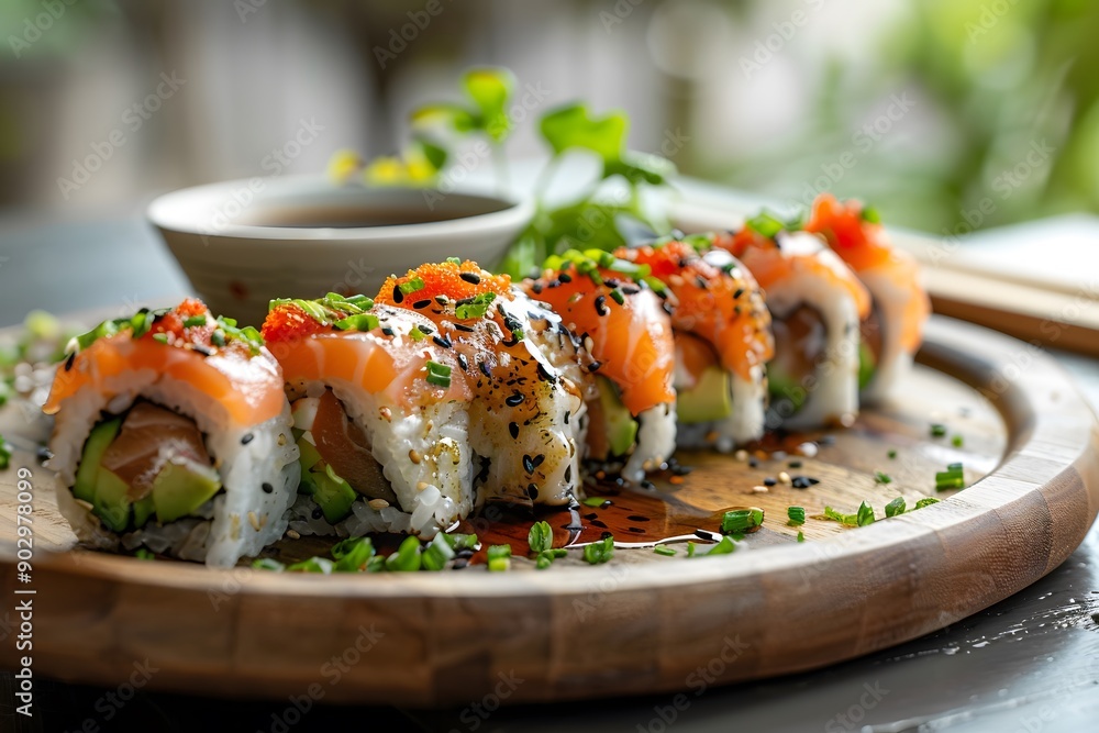 Exquisite Sushi Platter with Fresh Ingredients and Soy Sauce Exquisite Sushi Platter with Fresh Ingredients and Soy Sauce