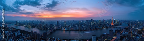 Wallpaper Mural A city skyline with a river running through it. The sky is a beautiful orange and pink color Torontodigital.ca